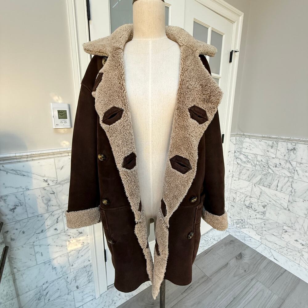Vintage Chocolate Brown Double-Breasted Genuine Shearling Coat Reversible - Picture 2 of 12